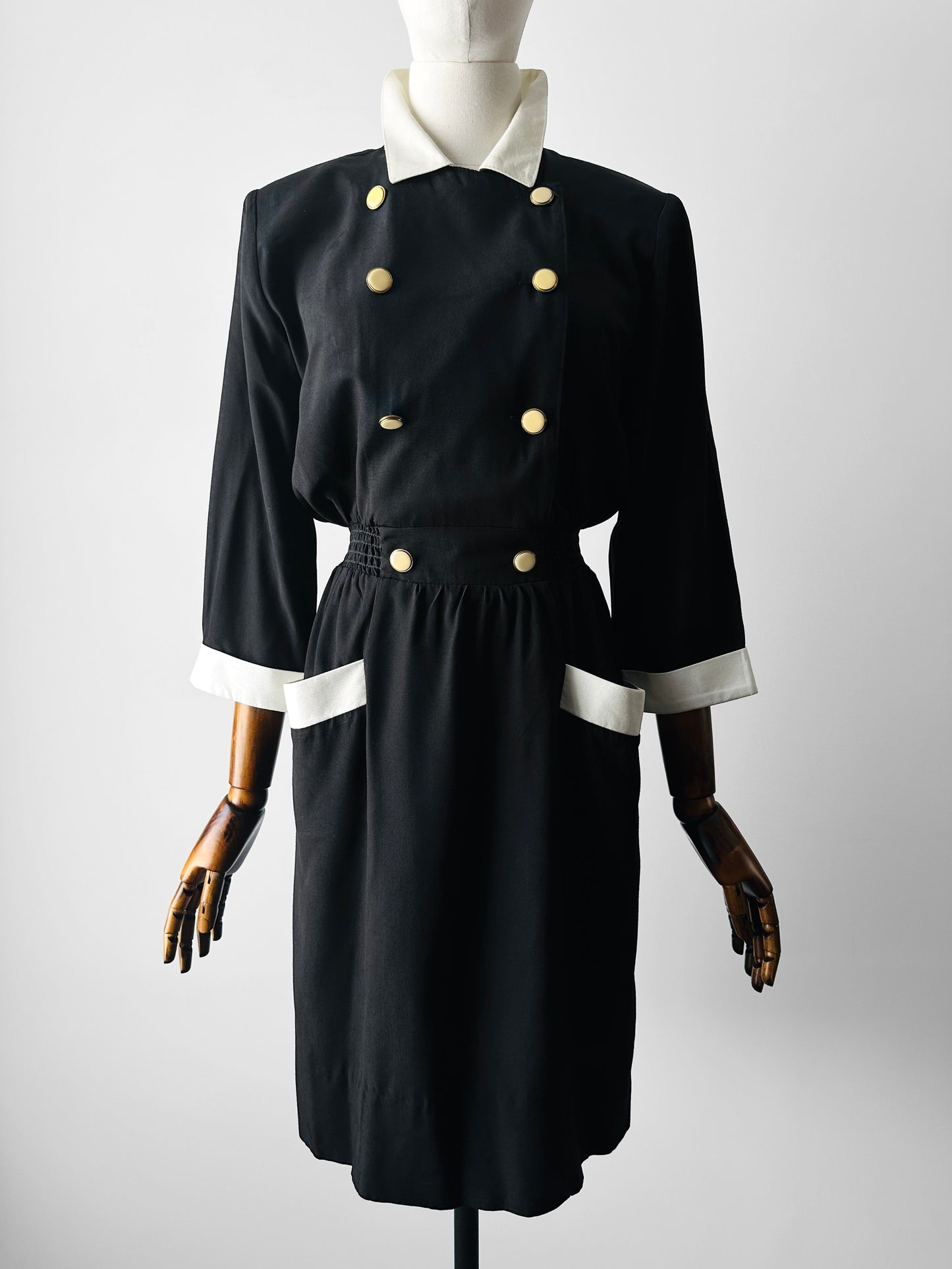 1980s Black Button Detail Dress with White Collar and Cuff Details - Sz. Small