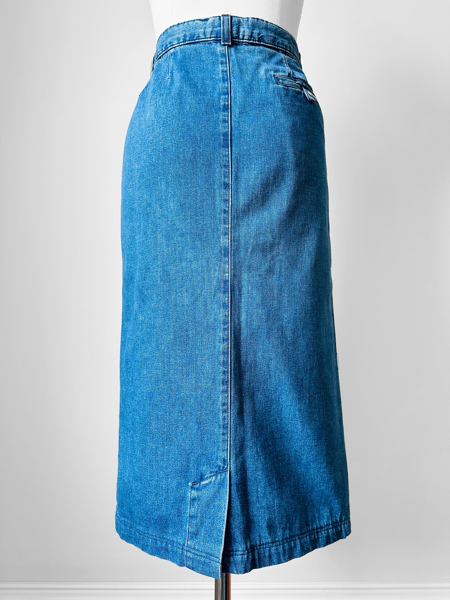 1990s - 2000s Blue Soft Chambray Tommy Hilfiger Front Button Jean Skirt - Sz. Small