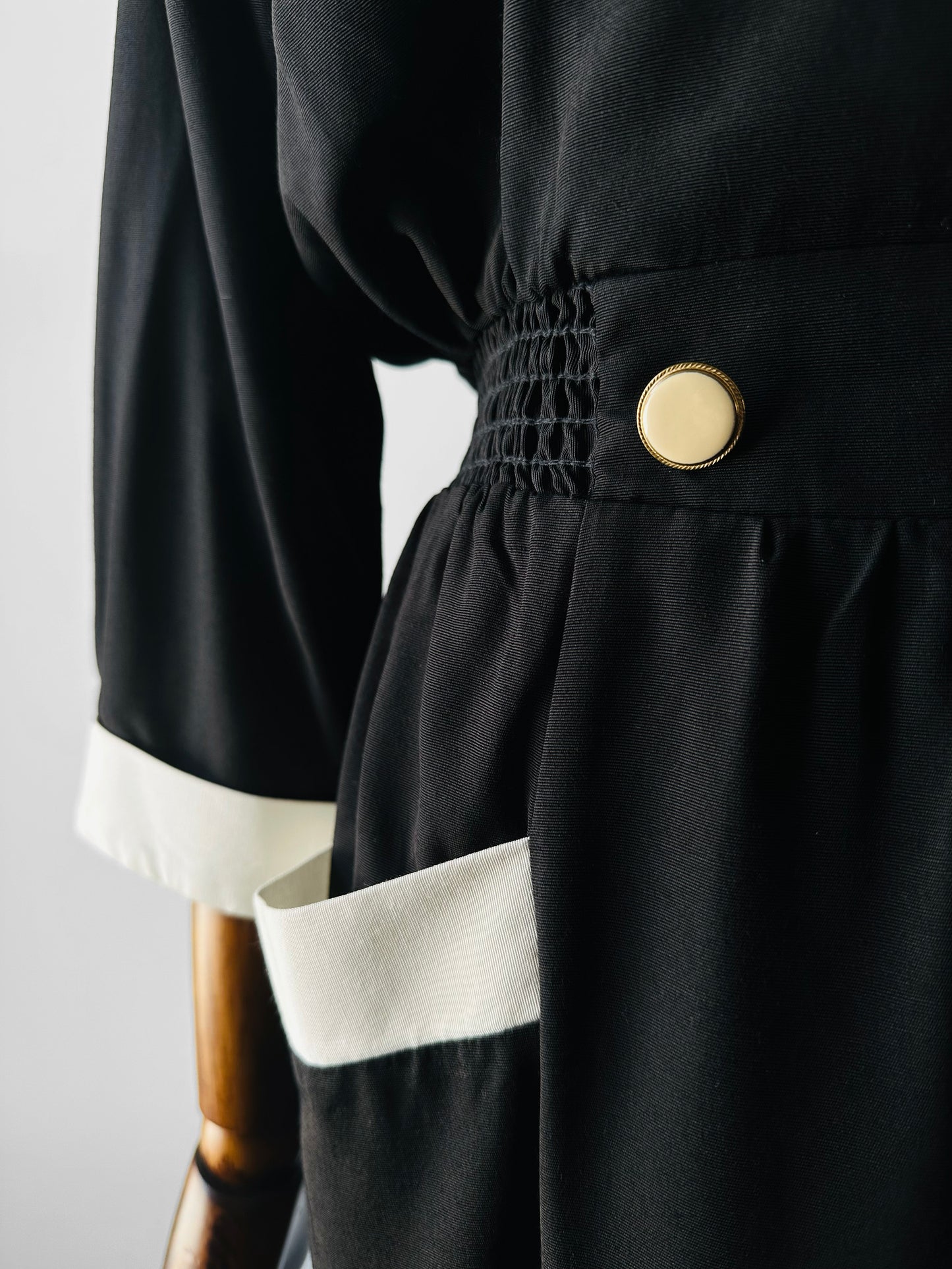 1980s Black Button Detail Dress with White Collar and Cuff Details - Sz. Small