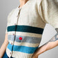 Crop Wool Button-Front Stripe Darned and Mended Short Sleeve Knit Cardigan - XS / S