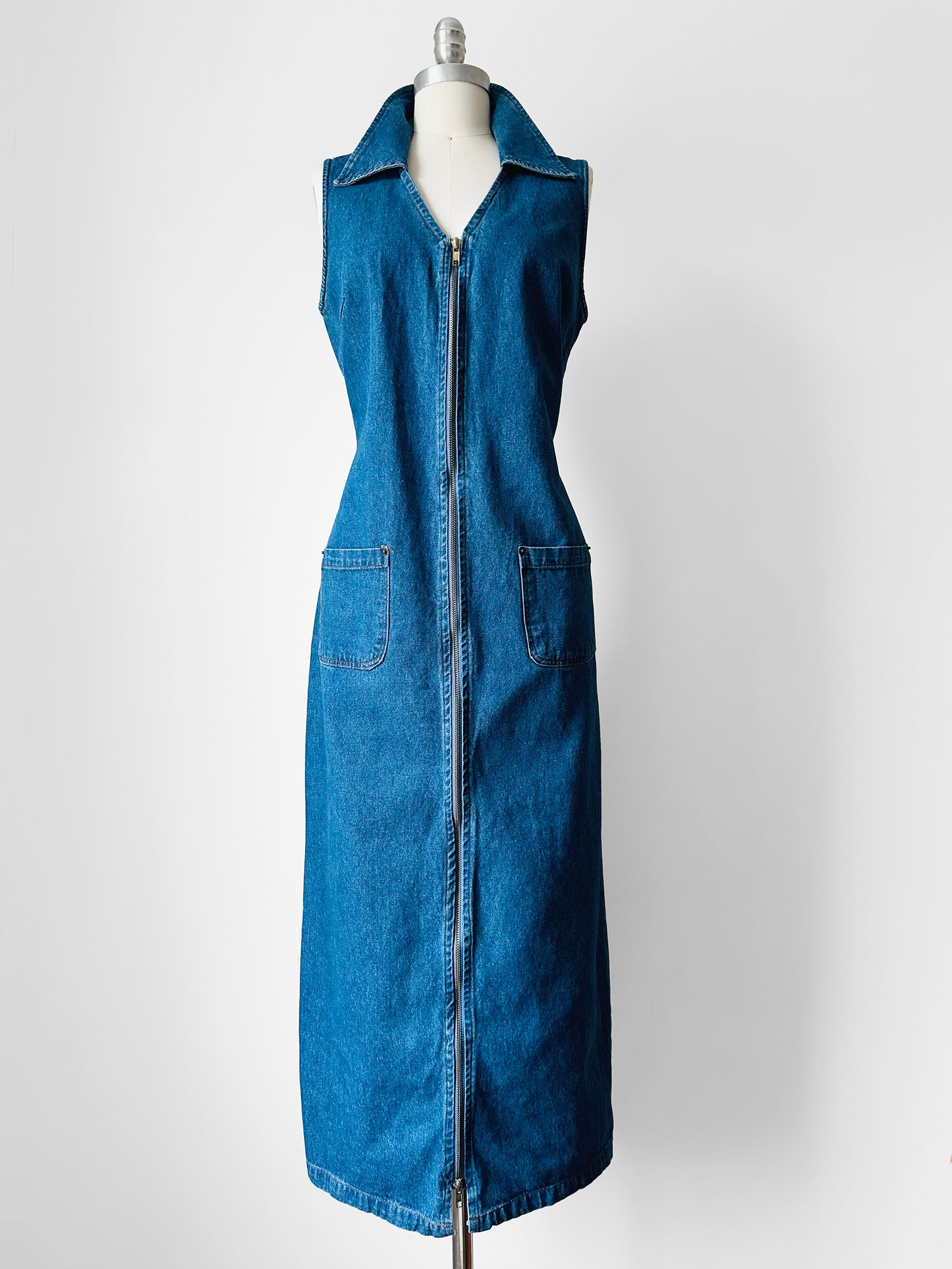 1990s Sleeveless Collared Blue Jean Zip Front Dress - Sz. M/L