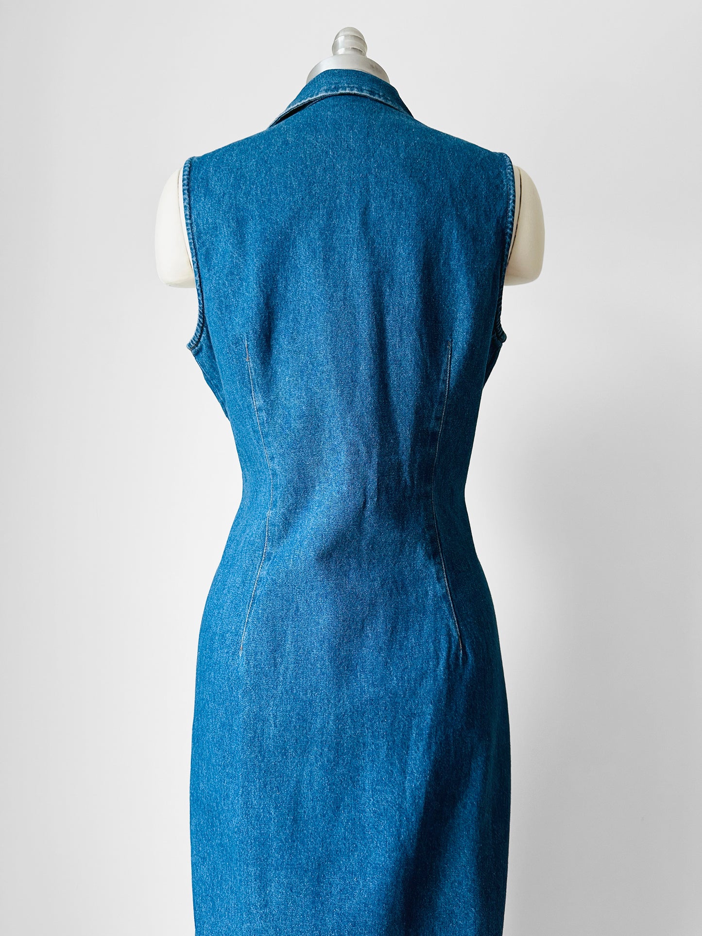 1990s Sleeveless Collared Blue Jean Zip Front Dress - Sz. M/L