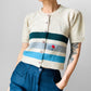 Crop Wool Button-Front Stripe Darned and Mended Short Sleeve Knit Cardigan - XS / S