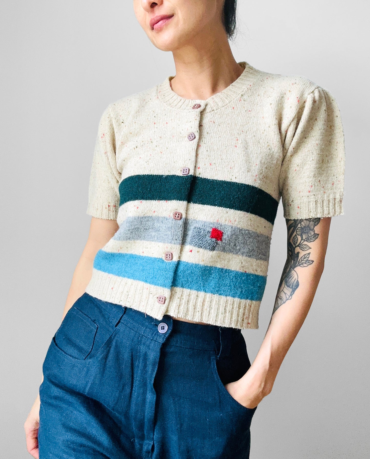 Crop Wool Button-Front Stripe Darned and Mended Short Sleeve Knit Cardigan - XS / S