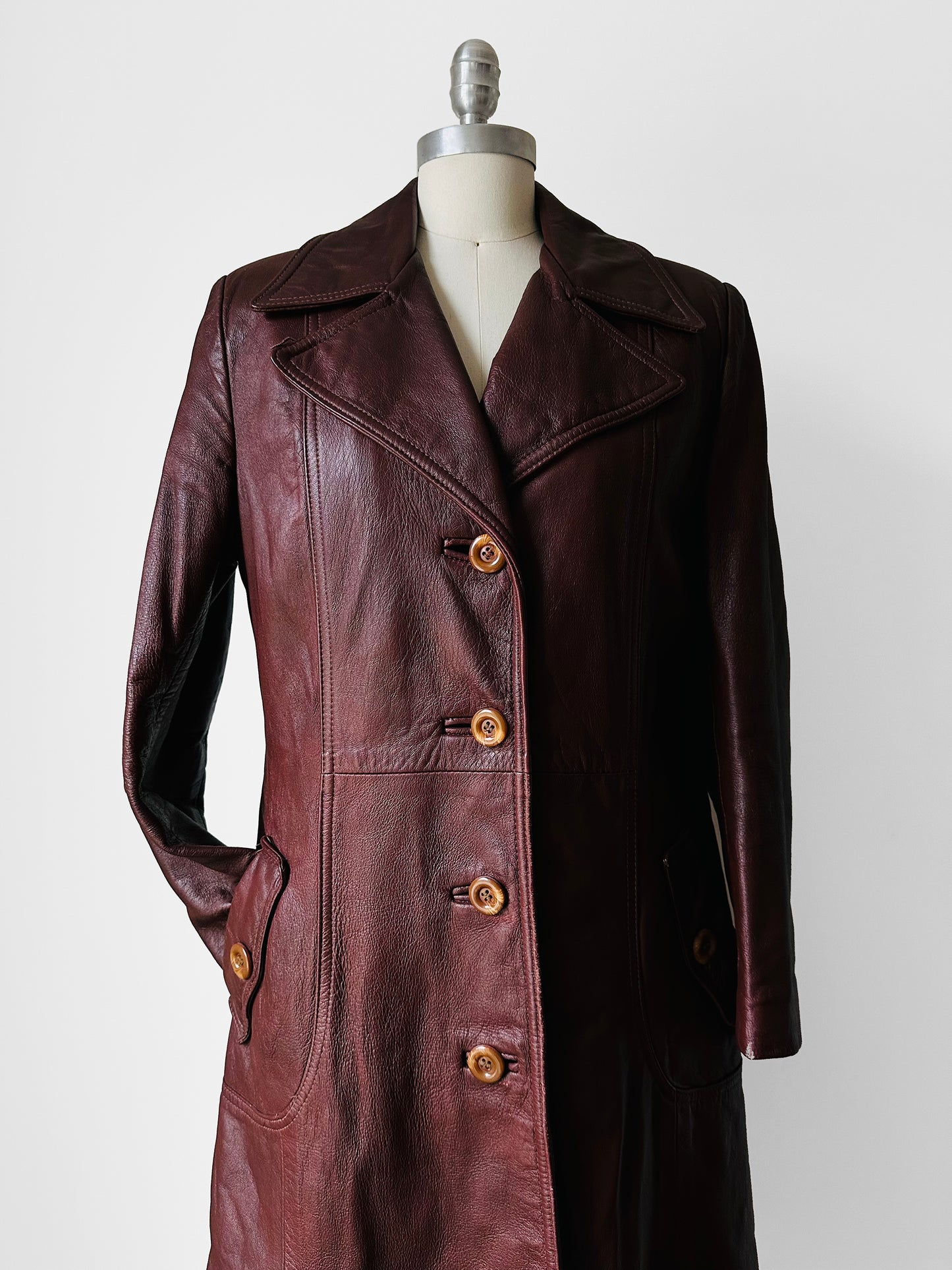 1970s Long Tapered Waist Auburn Brown Soft Leather Quilted Lining Coat