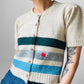 Crop Wool Button-Front Stripe Darned and Mended Short Sleeve Knit Cardigan - XS / S