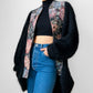 1980s Black Floral Tapestry Relaxed Fit Mohair Knit Cardigan Sweater