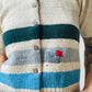 Crop Wool Button-Front Stripe Darned and Mended Short Sleeve Knit Cardigan - XS / S