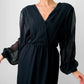 1980s - 1990s Black Patterned Semi Sheer V-neck Tone-On-Tone Dress - Sz. XS/S