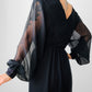 1980s - 1990s Black Patterned Semi Sheer V-neck Tone-On-Tone Dress - Sz. XS/S