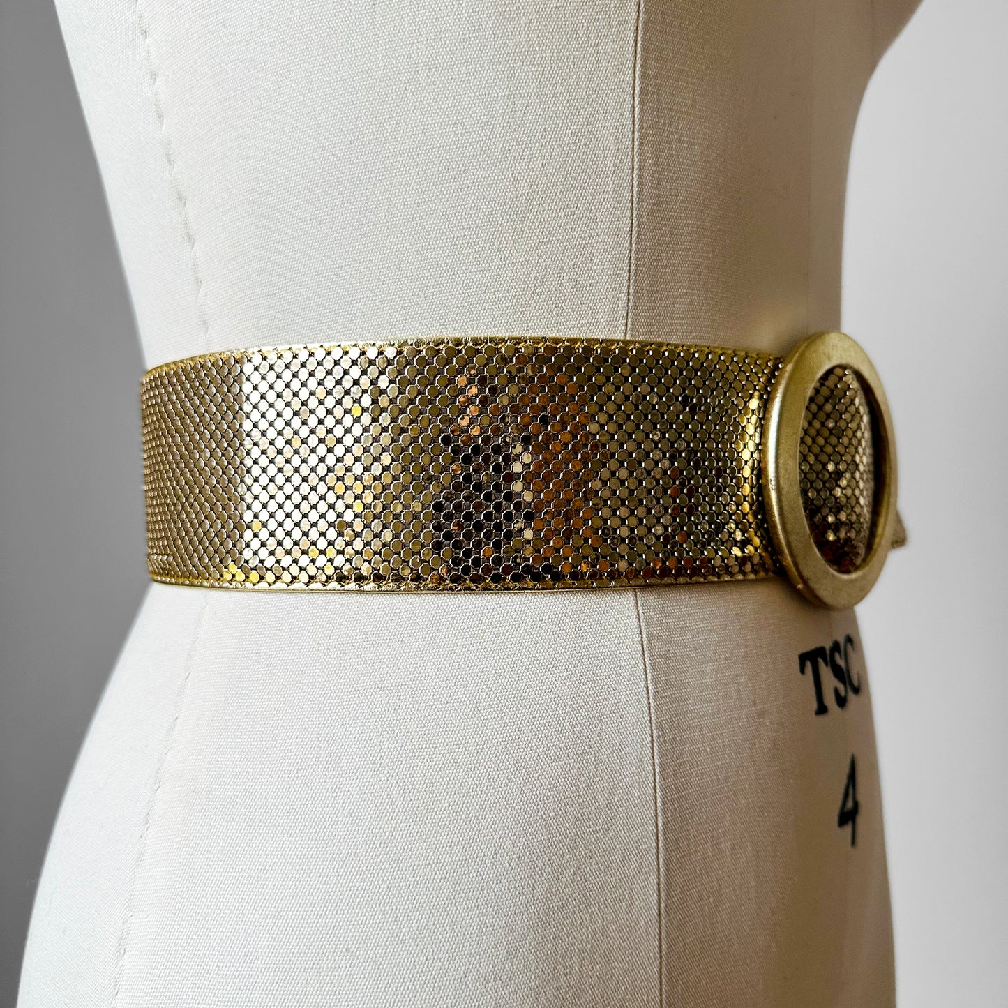 1970s - 1980s Whiting and Davis USA Gold Metal Mesh Leather Slip Belt