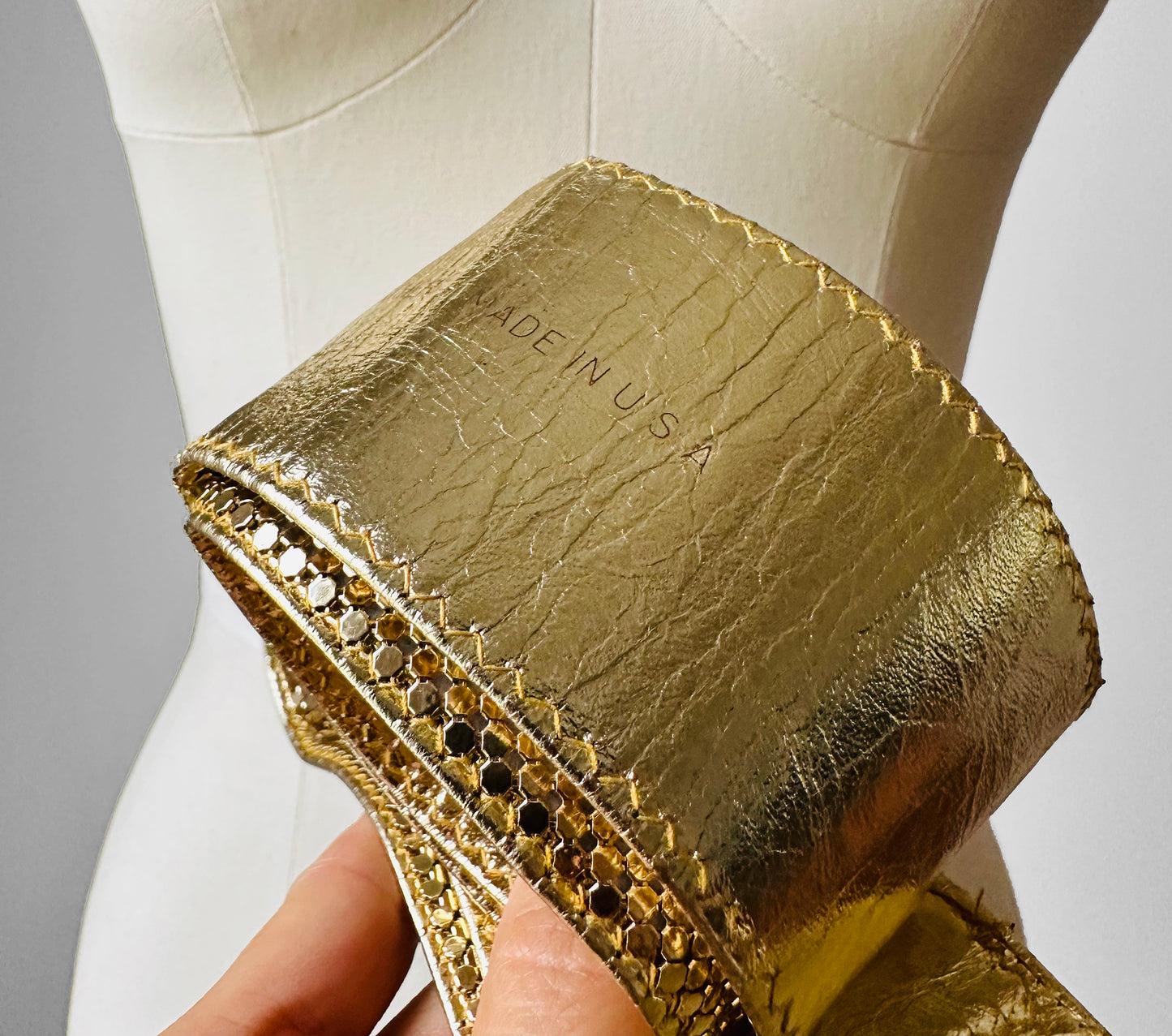 1970s - 1980s Whiting and Davis USA Gold Metal Mesh Leather Slip Belt