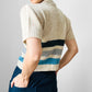 Crop Wool Button-Front Stripe Darned and Mended Short Sleeve Knit Cardigan - XS / S