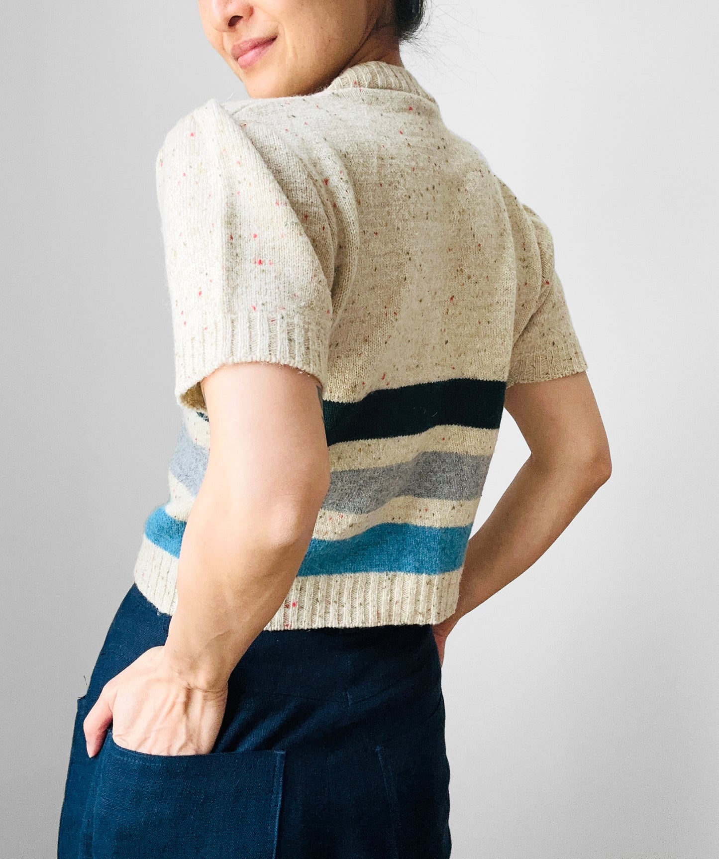 Crop Wool Button-Front Stripe Darned and Mended Short Sleeve Knit Cardigan - XS / S