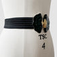 1980s Black Stretch Waist Adjustable Enamelled Metal Flower Buckle Belt - Sz. 30 - 34 inch