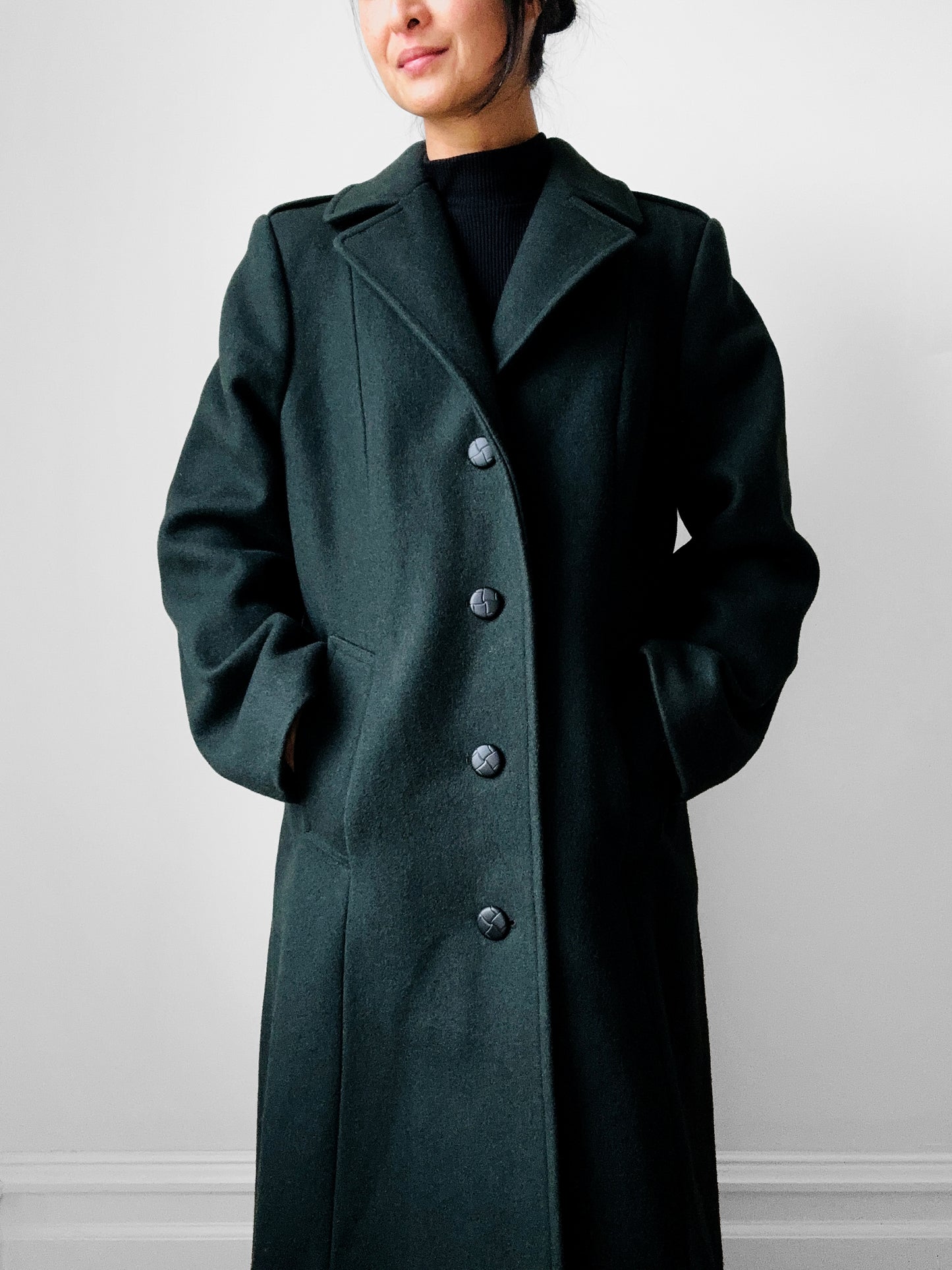 1980s Hunter Green Heavy Wool Military Overcoat - Sz. S/M