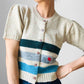 Crop Wool Button-Front Stripe Darned and Mended Short Sleeve Knit Cardigan - XS / S