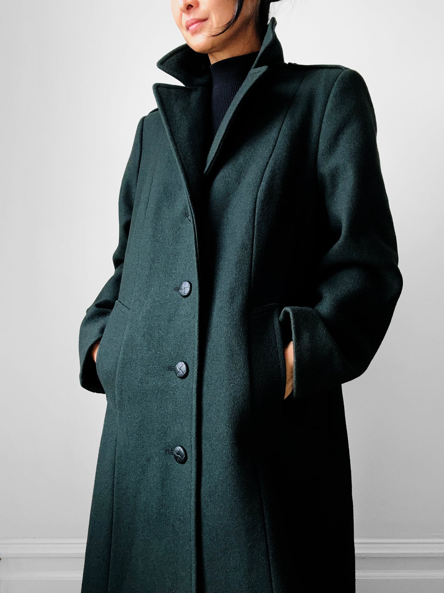 1980s Hunter Green Heavy Wool Military Overcoat - Sz. S/M