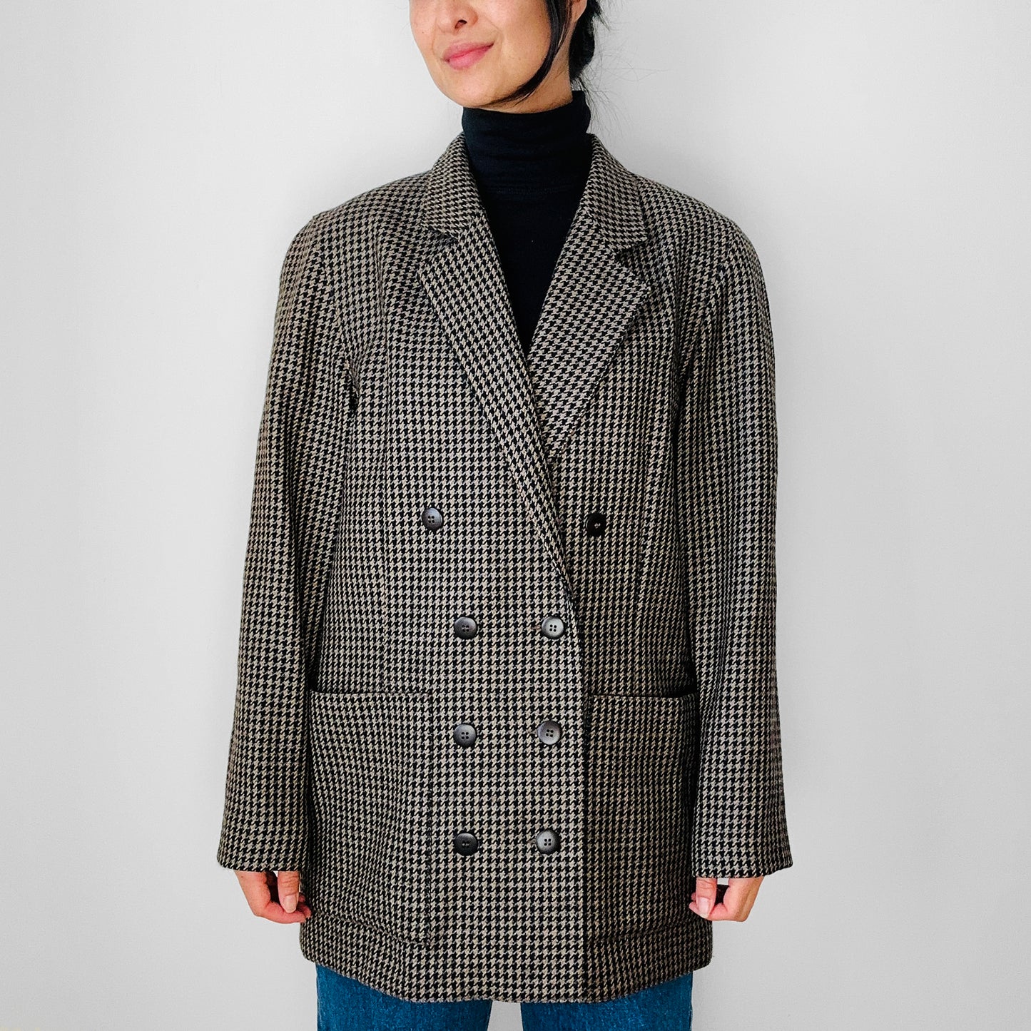 1990s Greige and Black Double-Breasted Wool Houndstooth Blazer - Sz. S/M