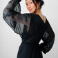 1980s - 1990s Black Patterned Semi Sheer V-neck Tone-On-Tone Dress - Sz. XS/S