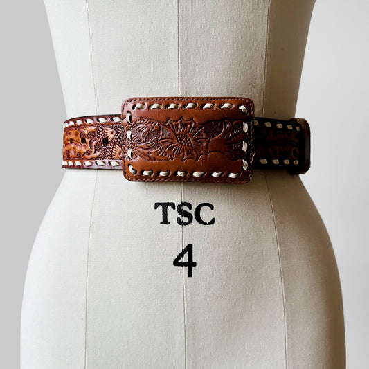 1970s Amber Brown Leather Tooled Leather Floral Contrast Stitch Belt - 33.5 - 46 Waist.