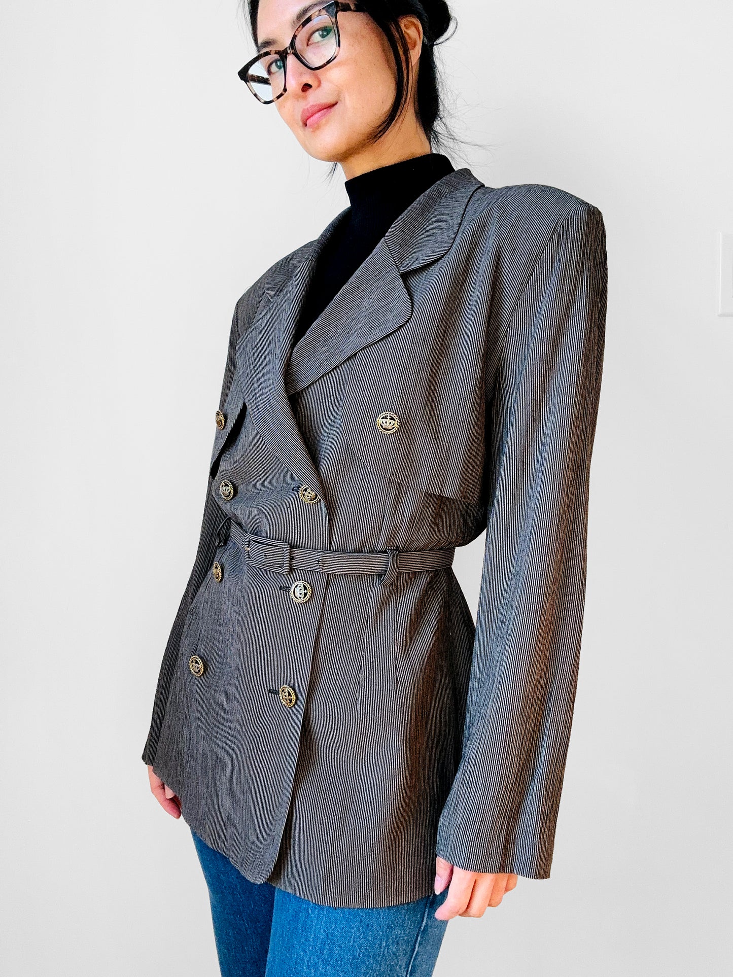 1980s Stripe Belted Tapered-Waist Spring Blazer - Sz. S/M