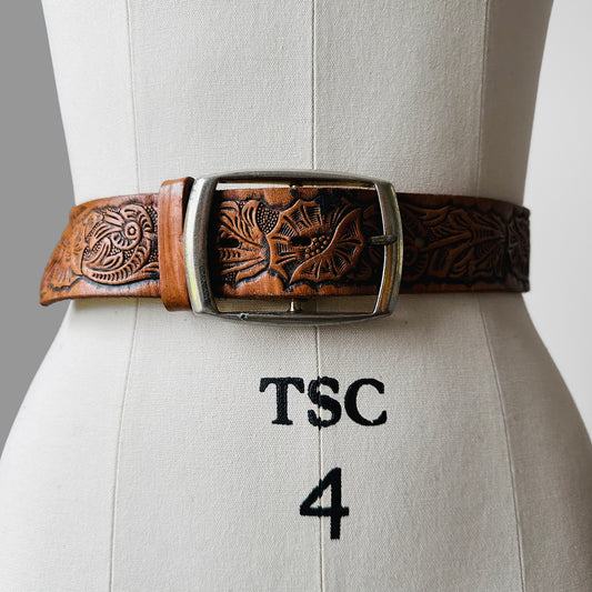 1970s Amber Brown Leather Tooled Leather Silver Buckle Belt - Waist. 24 - 28 inch