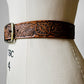 1970s Amber Brown Leather Tooled Leather Silver Buckle Belt - Waist. 24 - 28 inch