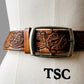 1970s Amber Brown Leather Tooled Leather Silver Buckle Belt - Waist. 24 - 28 inch