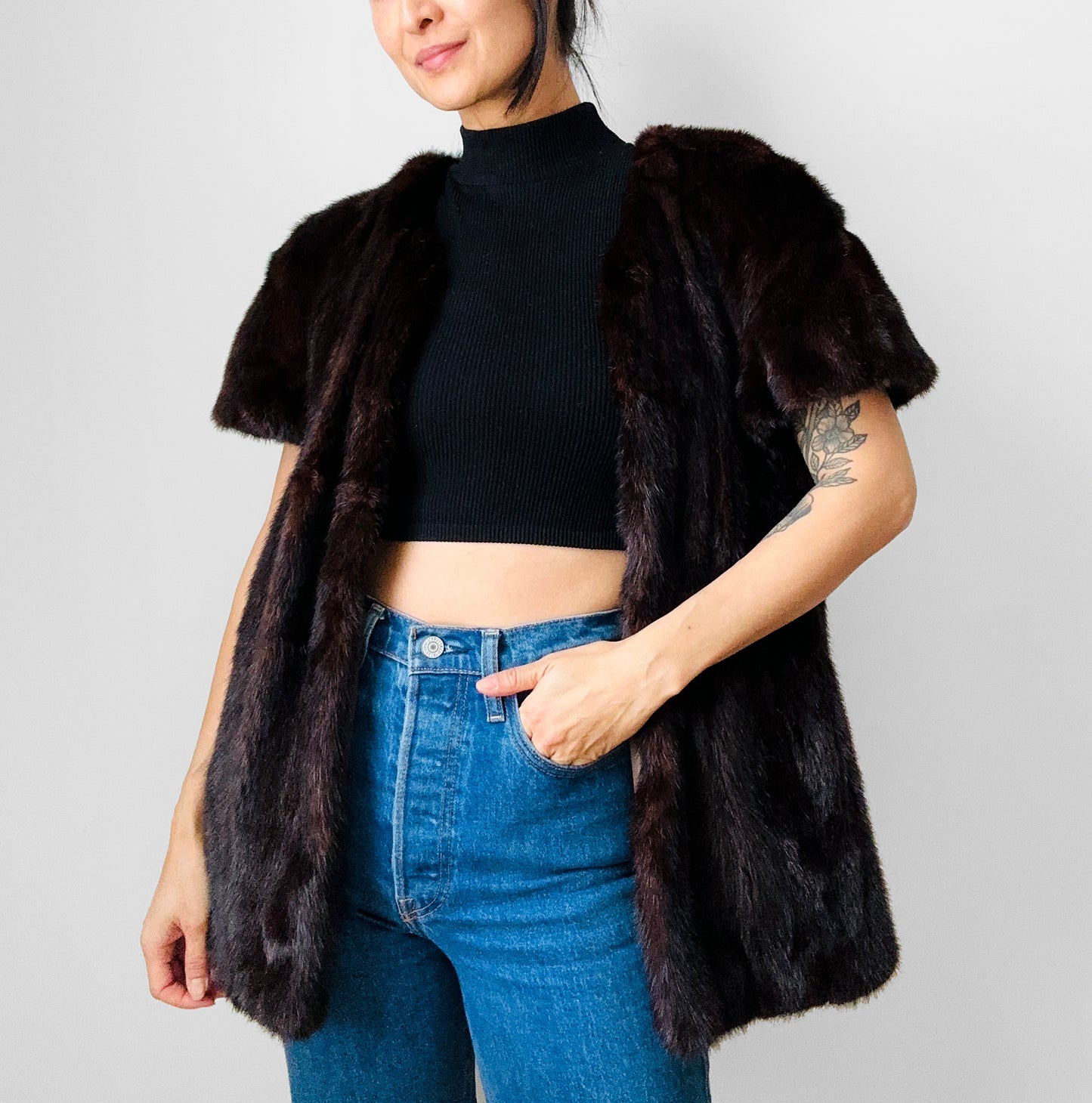 1970s Upcycled Crop Sleeve Lined Open Front Fur Vest - Sz. S/M