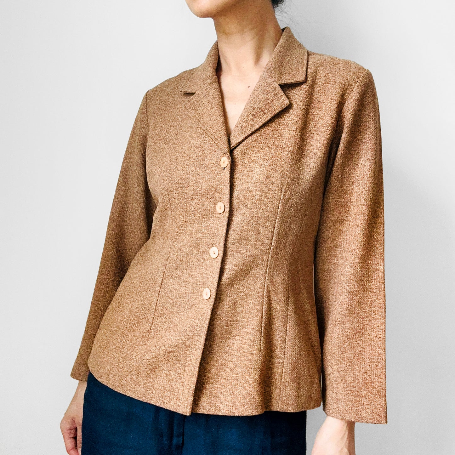 1960s Caramel Coloured Knit Collared Tapered Waist Button-Front Blazer Jacket