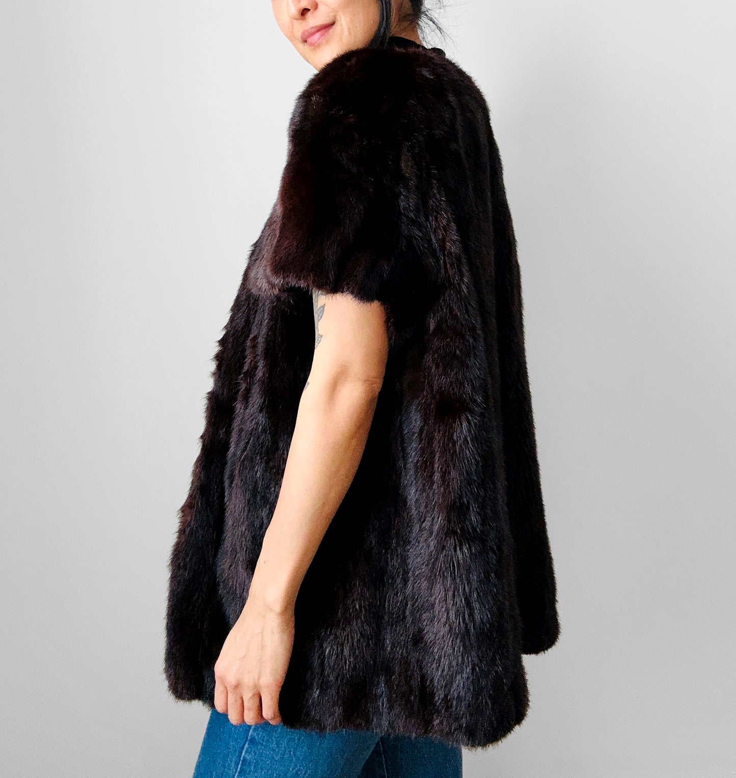 1970s Upcycled Crop Sleeve Lined Open Front Fur Vest - Sz. S/M