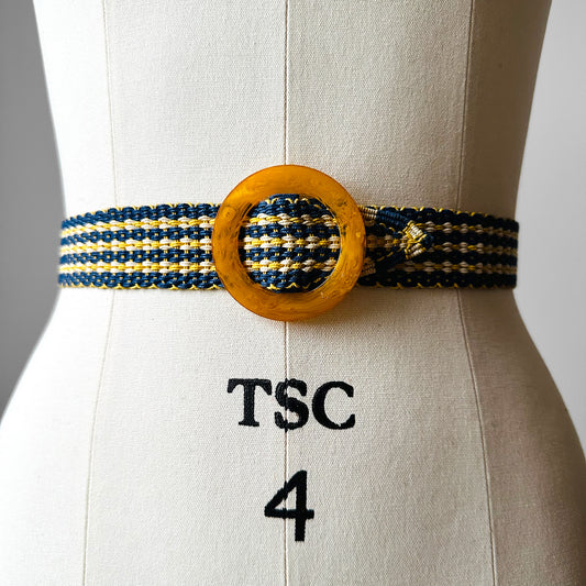 1960s Two-Tone Woven Amber Lucite Circle Buckle Braided Slip Belt - Waist 24