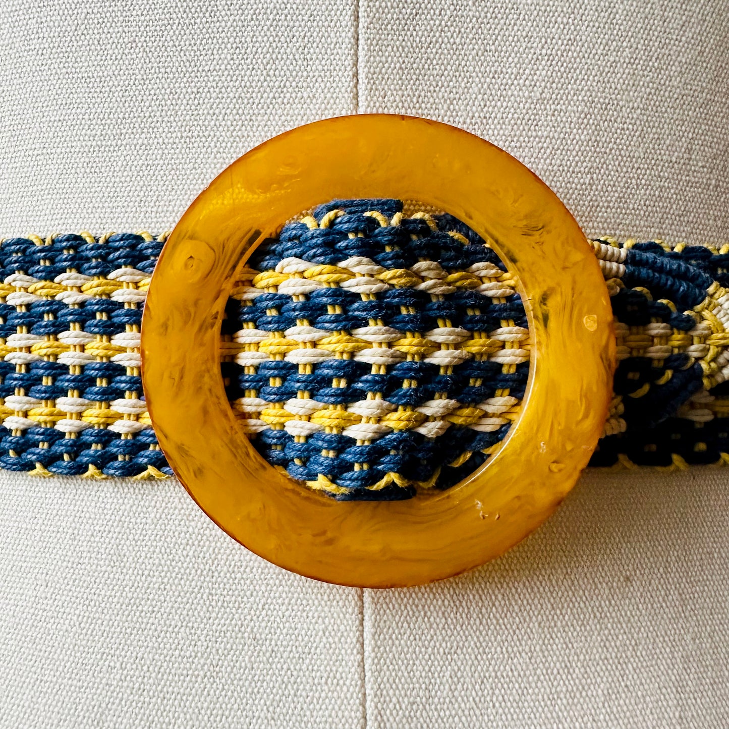 1960s Two-Tone Woven Amber Lucite Circle Buckle Braided Slip Belt - Waist 24
