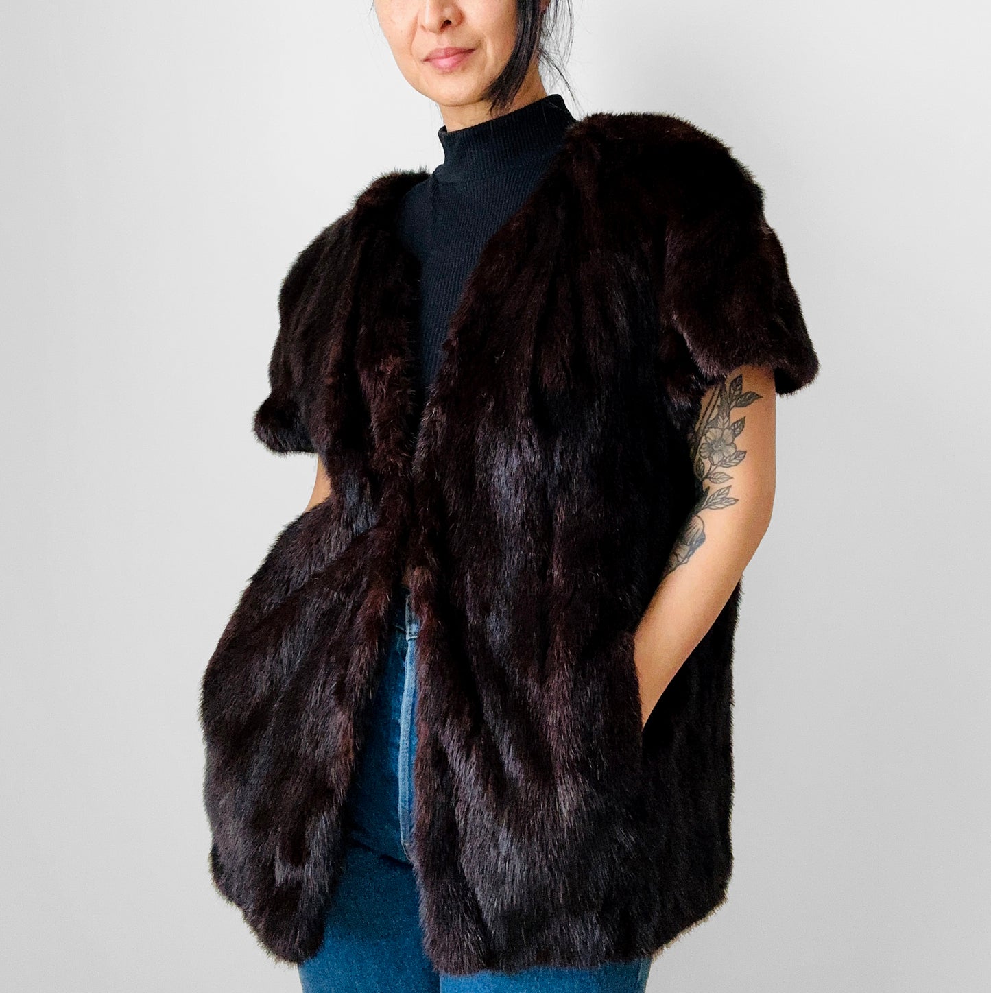 1970s Upcycled Crop Sleeve Lined Open Front Fur Vest - Sz. S/M