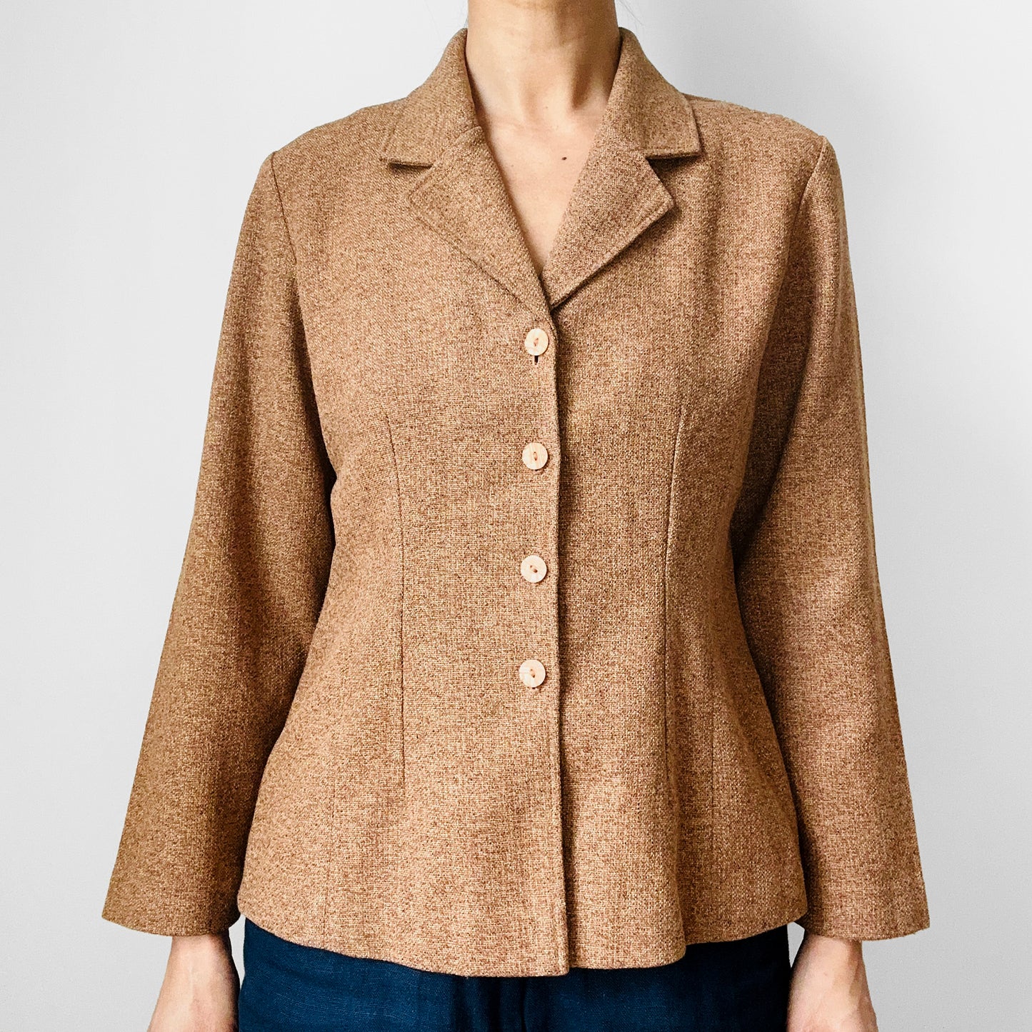 1960s Caramel Coloured Knit Collared Tapered Waist Button-Front Blazer Jacket