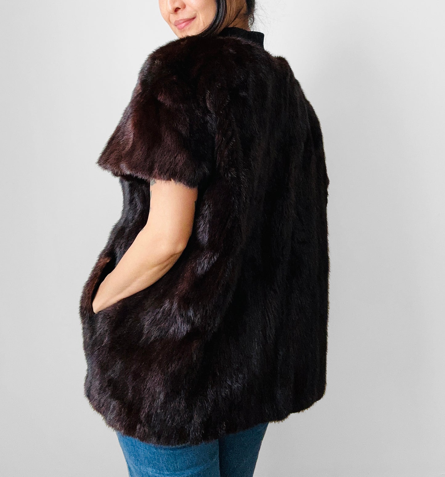 1970s Upcycled Crop Sleeve Lined Open Front Fur Vest - Sz. S/M