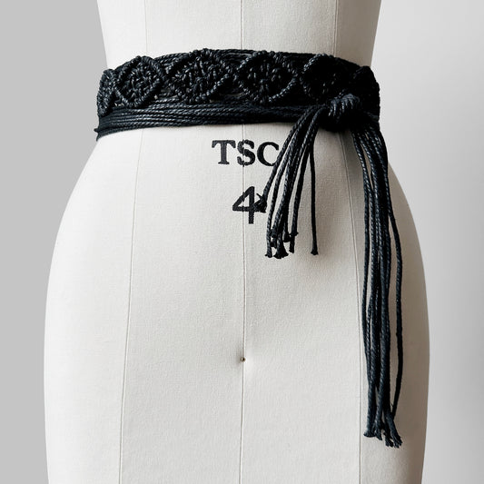 Black Braided Macrame Tie Accent Belt