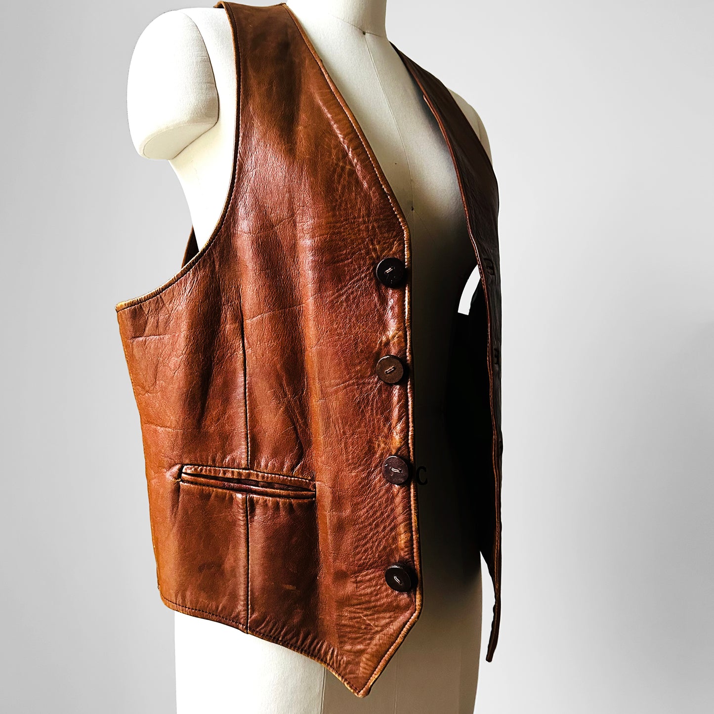 1970s Tobacco Tanned Leather Wood Button Vest - Sz. M/L