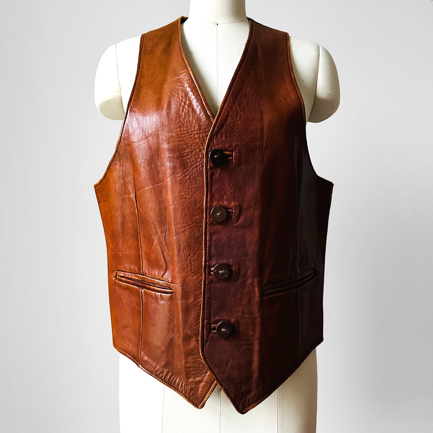 1970s Tobacco Tanned Leather Wood Button Vest - Sz. M/L