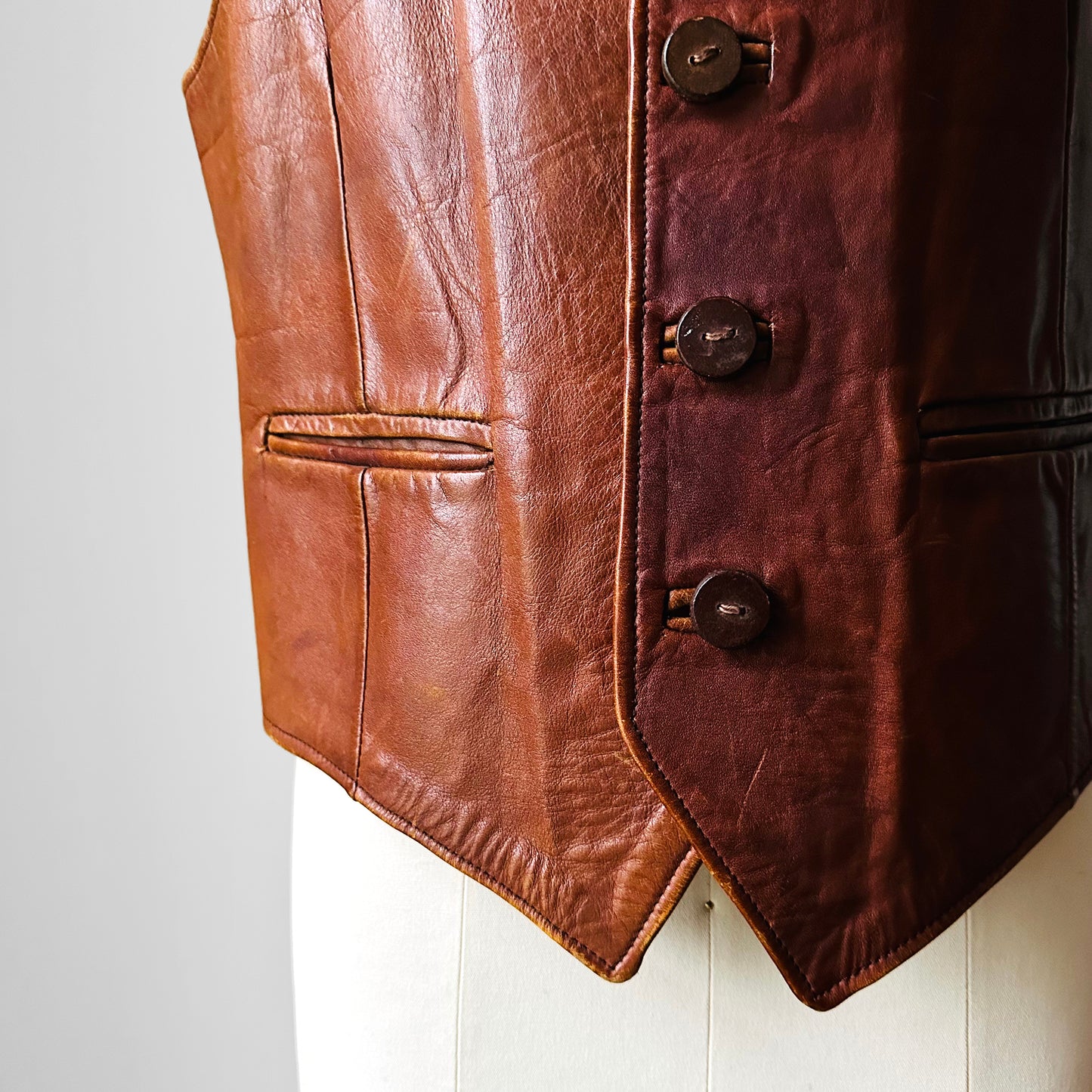 1970s Tobacco Tanned Leather Wood Button Vest - Sz. M/L