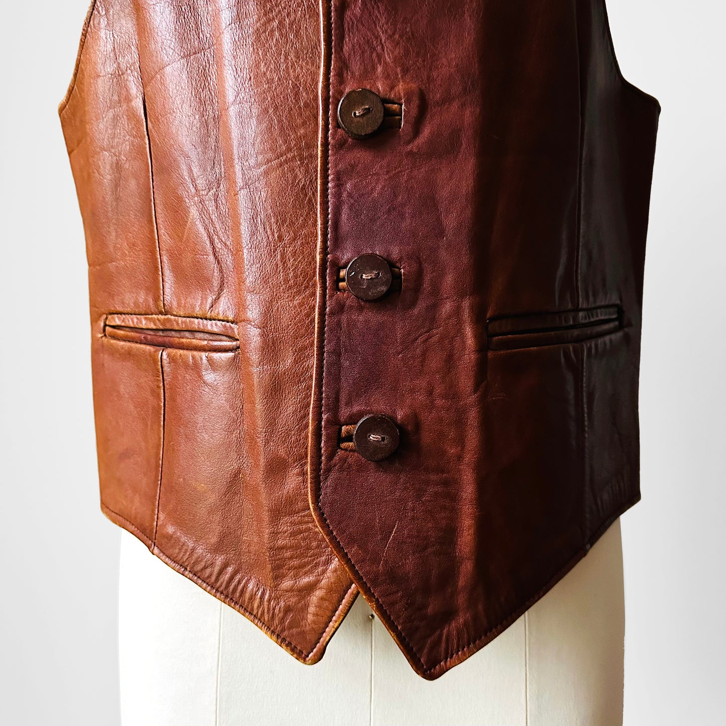 1970s Tobacco Tanned Leather Wood Button Vest - Sz. M/L