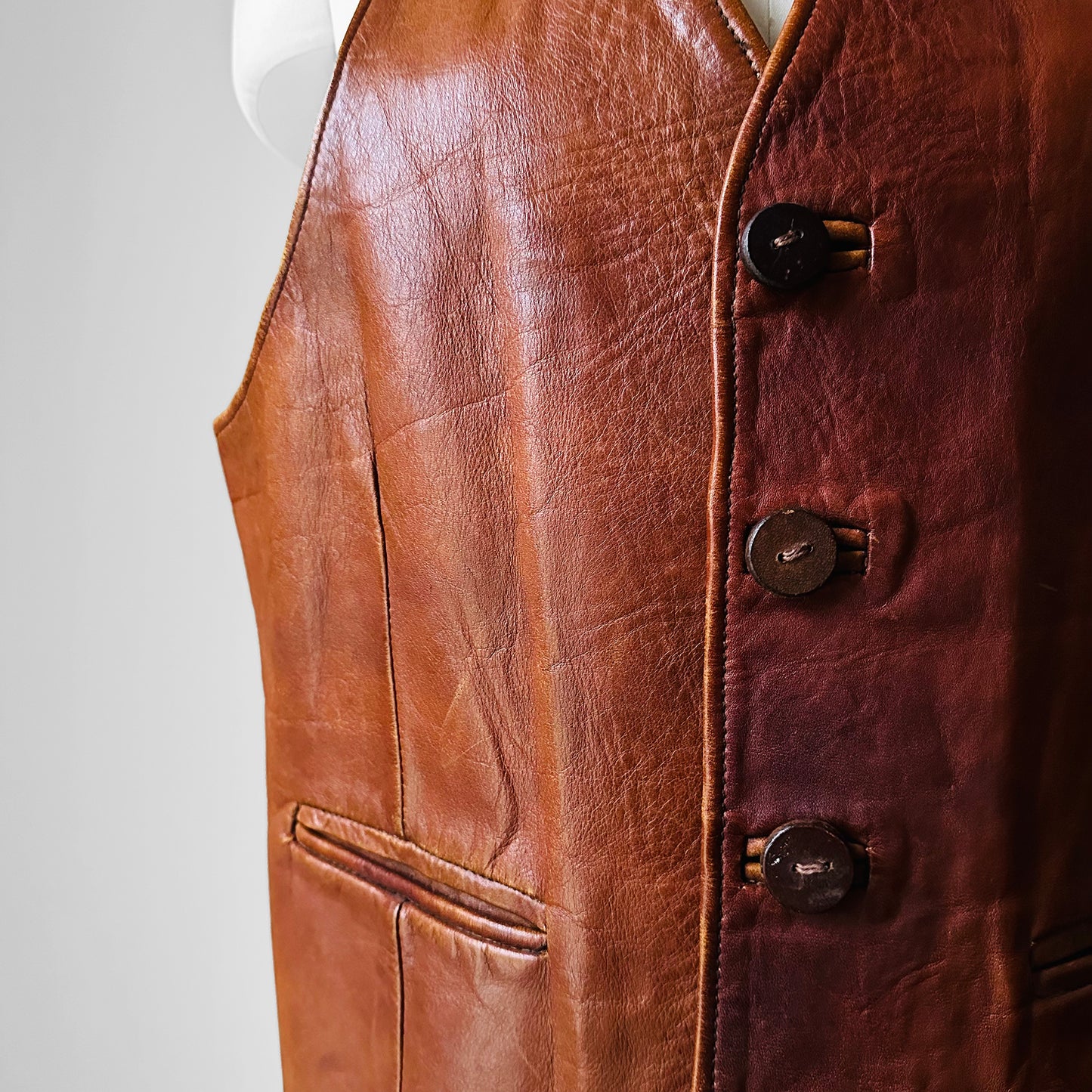 1970s Tobacco Tanned Leather Wood Button Vest - Sz. M/L