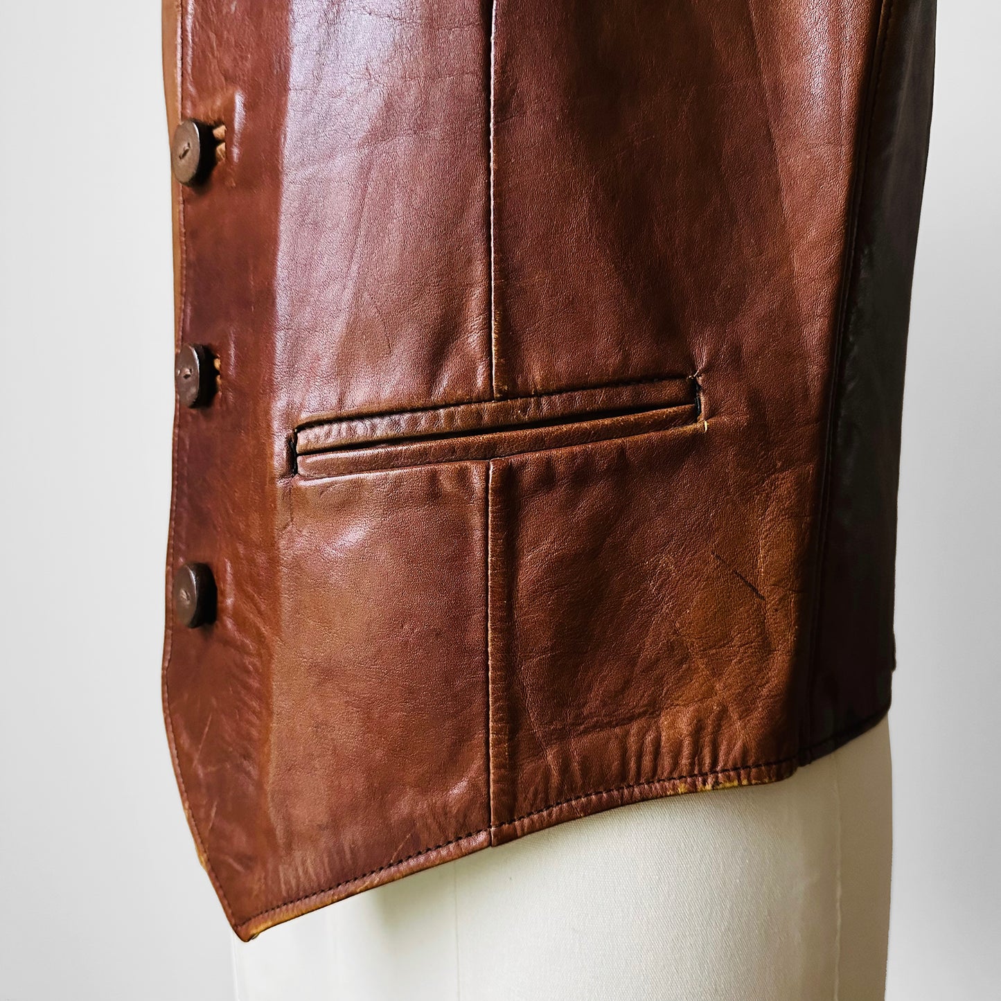 1970s Tobacco Tanned Leather Wood Button Vest - Sz. M/L