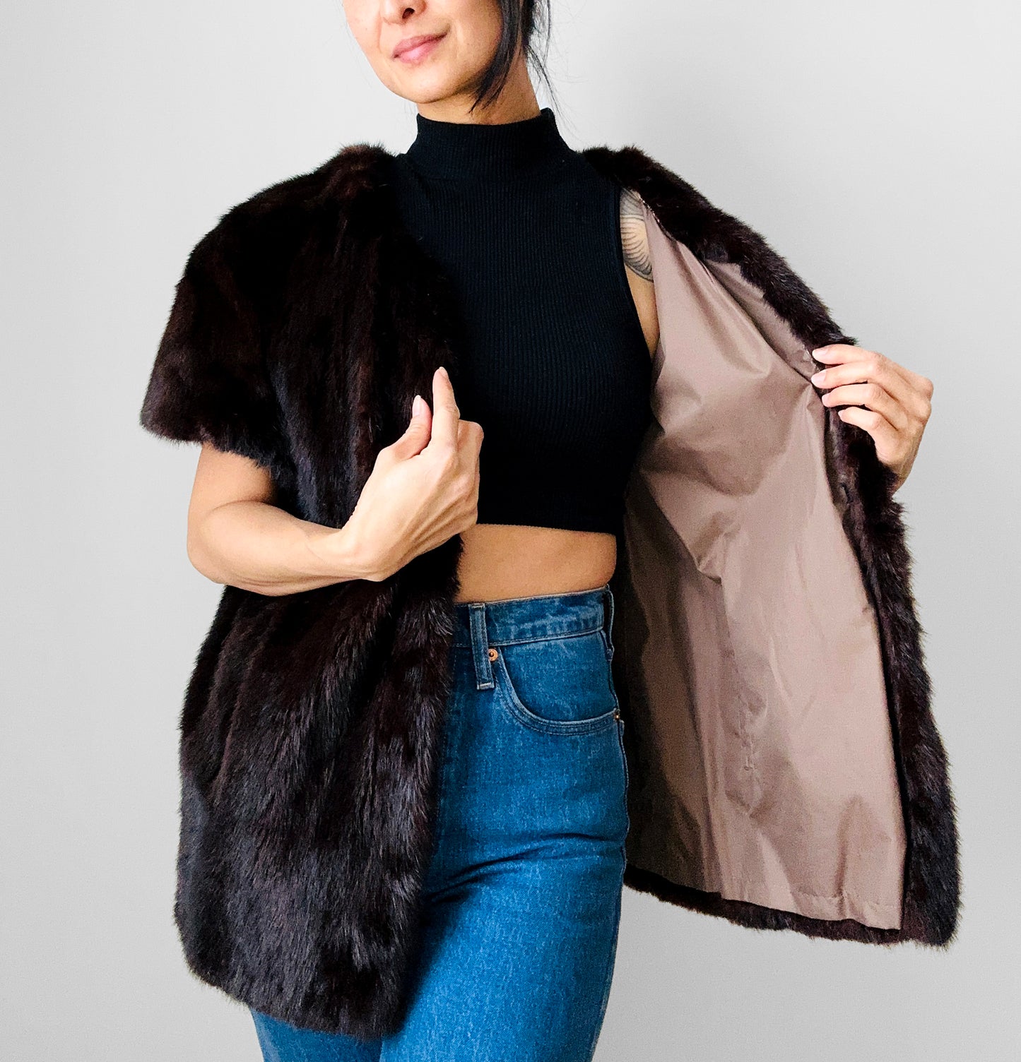 1970s Upcycled Crop Sleeve Lined Open Front Fur Vest - Sz. S/M