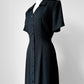 1990s Black Button Front Short Sleeve Cinched Waist Dress - Sz. Med