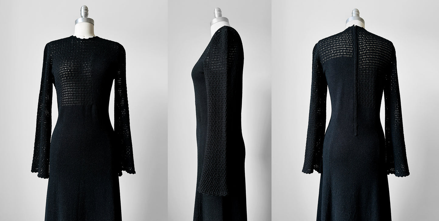 1970s Black Wool Blend Knit Floor Length Dress - Sz. S/M