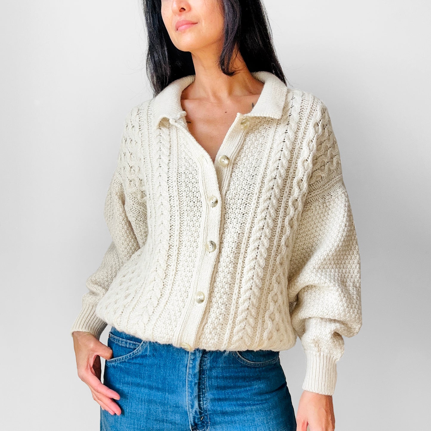 Cream Fisherman's Wool Cable-Knit Cardigan Sweater - Sz. S/M