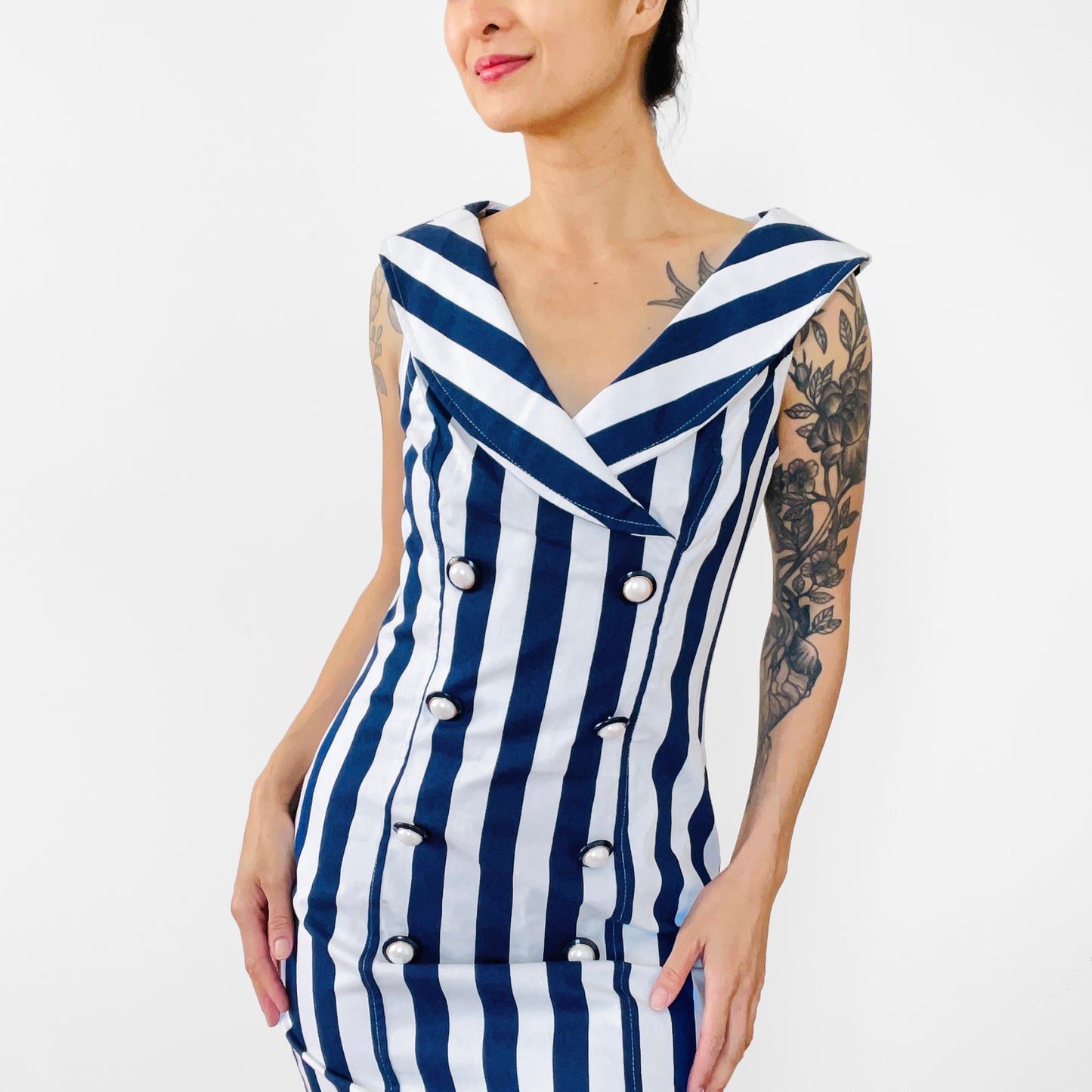 1980s Made in the USA Navy Blue and White Stripe Button Front Off-Shoulder Zip-Back Fitted Above-The-Knee Dress - S/M