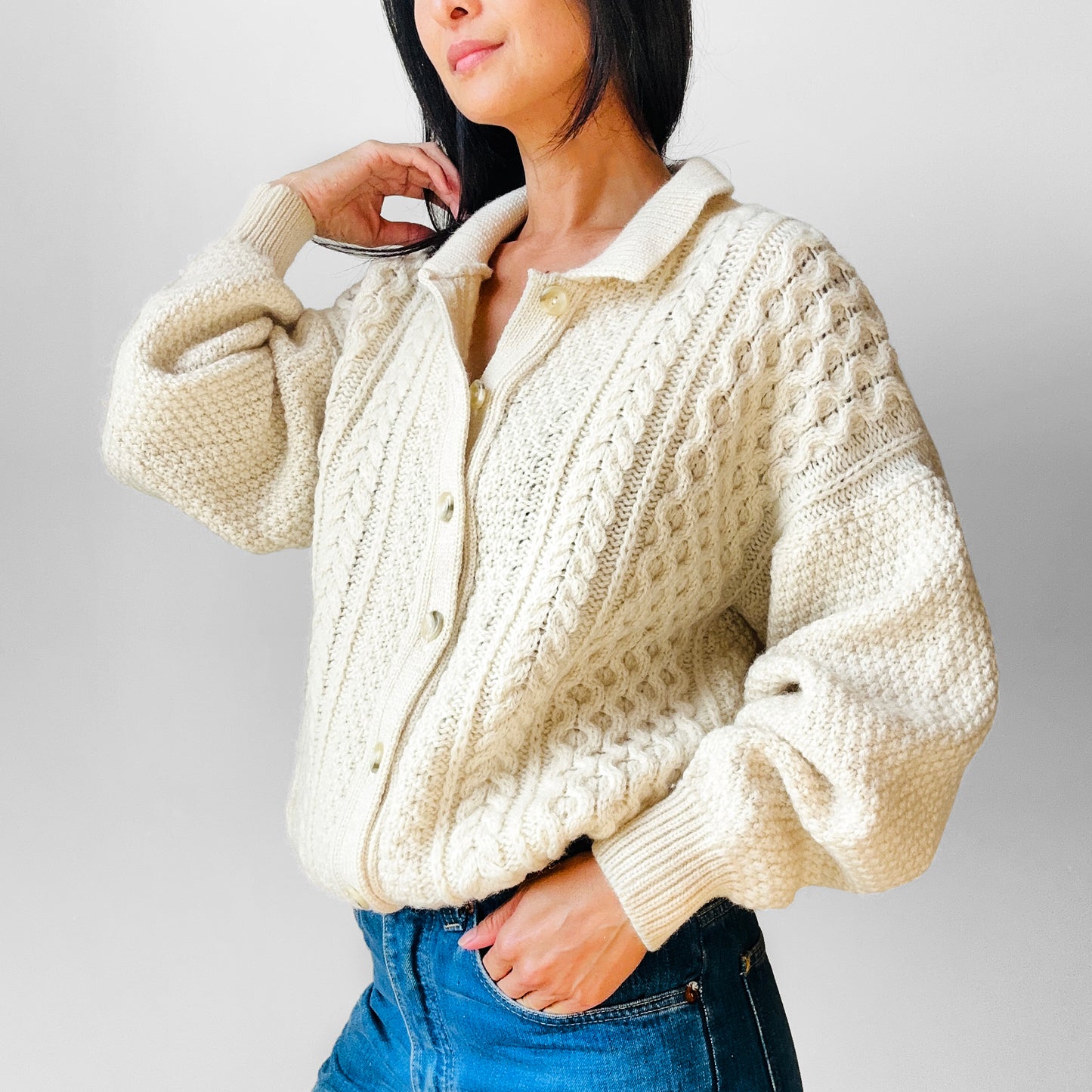 Cream Fisherman's Wool Cable-Knit Cardigan Sweater - Sz. S/M